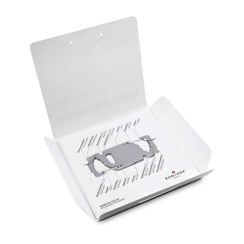 Stainless Steel Key Tool Multitool With 20 Functions, Carabiner Key Ring in packaging with visible tool labels