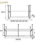 Diagram of two-layer Industrial Ceiling Shelf With Wrought Iron Flower Stand And White Wood Planks dimensions.