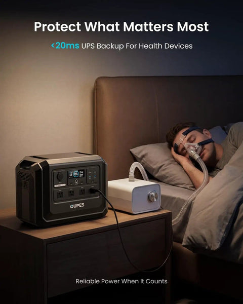 Go-To Portable Power Station 1024Wh LiFePO4 Battery With 2000W AC Outlets And 4500W Peak beside a sleeping person with health device