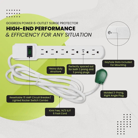 Image of a Heavy Duty 6 Outlet Surge Protector With Mountable Design, 6 ft cord and 15 Amp Circuit Breaker, shown with labels.