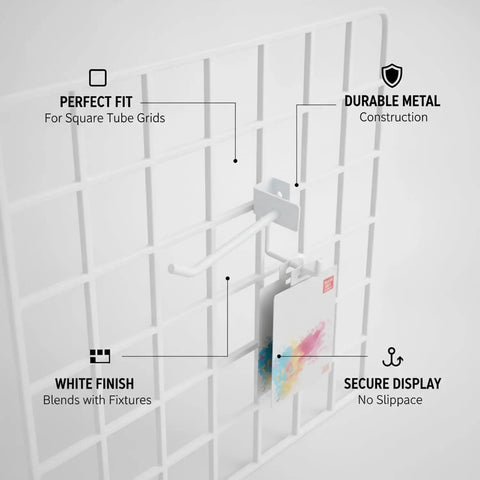 White Square Profile Metal Hook For Grid Shelving, Lightweight Retail Display Hanger attached to white grid, ideal for stores