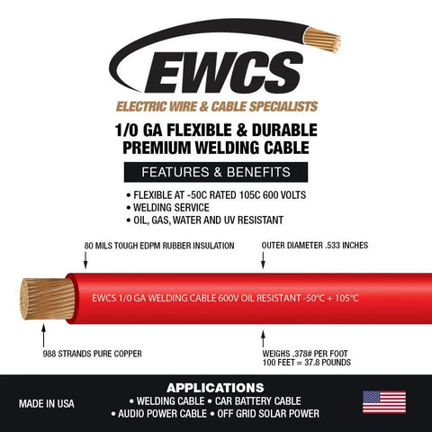 1/0 Gauge Premium Extra Flexible Welding Cable 600 Volt Red 15 Feet Made In USA Heavy Duty Lead description and features diagram