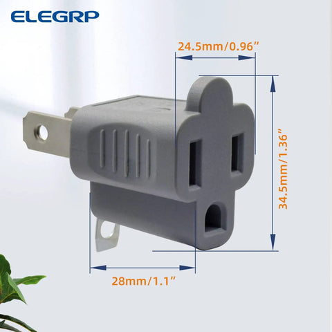 Image of a gray 2 to 3 prong adapter with measurements, part of the 10 pack indoor gray outlet adapters set.