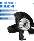 Front Left Wheel Hub Bearing And Steering Knuckle Assembly For VW Beetle Cabrio 2010 And Beetle 1998 To 2010 Golf 1999 To 2010 Jetta 1999 To 2005 Driver Side Replacement OEM Grade Heavy Duty Easy Install shown in close-up view