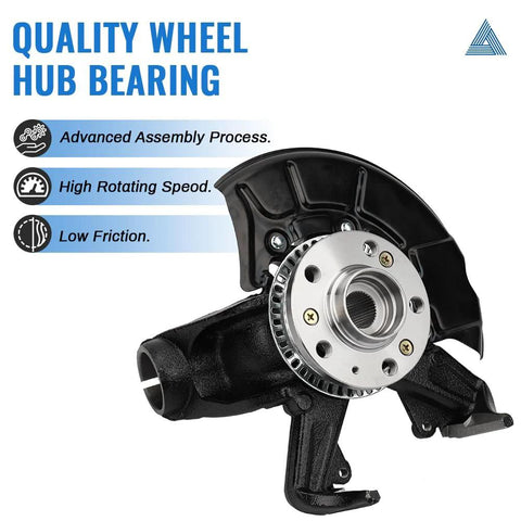 Front Left Wheel Hub Bearing And Steering Knuckle Assembly For VW Beetle Cabrio 2010 And Beetle 1998 To 2010 Golf 1999 To 2010 Jetta 1999 To 2005 Driver Side Replacement OEM Grade Heavy Duty Easy Install shown in close-up view