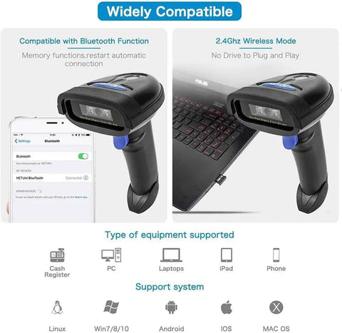 Super Fast Bluetooth Barcode Scanner With 2.4G Wireless And Wired Modes For iPhone Android Tablet PC Windows Mac CCD Reader