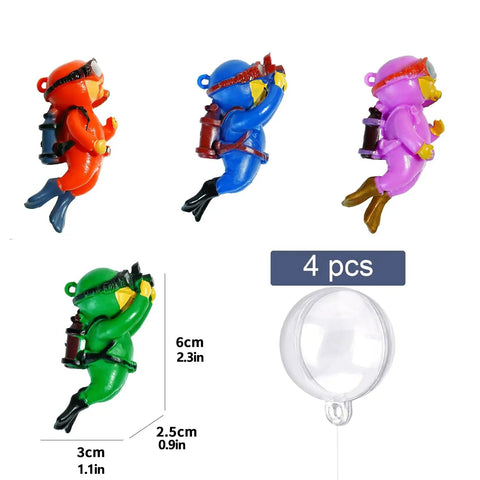 4 Pack Floating Diver Aquarium Decorations showing orange, blue, purple, green cartoon divers with floating devices