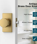 Antique Brass Door Knobs With Privacy Function, Vintage Interior Door Hardware installed on white door, rectangular design