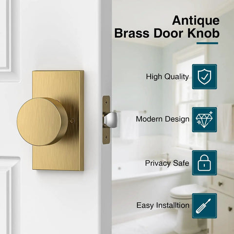 Antique Brass Door Knobs With Privacy Function, Vintage Interior Door Hardware installed on white door, rectangular design