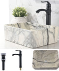 16 X 12 Inch Black And White Marble Vessel Sink And Faucet Combo For Modern Bathrooms Durable Porcelain Ceramic Vanity Basin With Sleek Black Faucet And High Temp Glazed Finish For A Dope Modern Look.