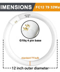 12 inch FC12 T9 32W bulb with G10q 4 pin base highlighting dimensions, round shape and connector details.