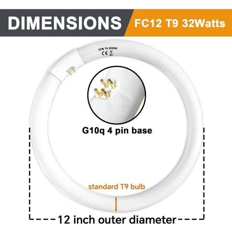12 inch FC12 T9 32W bulb with G10q 4 pin base highlighting dimensions, round shape and connector details.