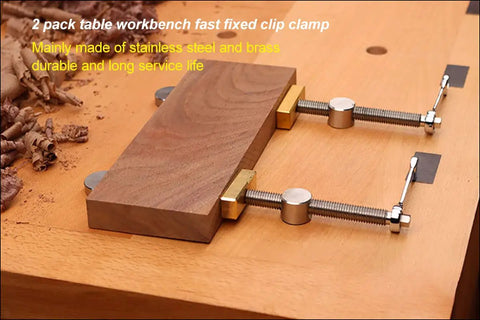 Slick Ace 3/4 Inch Bench Dog Clamps For Woodworking Crews With Rock Solid Stainless Steel Frame securing a wood piece.