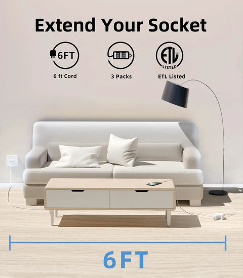 Living room with sofa, coffee table, lamp, and Indoor Extension Cord Two Pack With Six Foot Length Two Prong Plug Three Polarized Outlets.