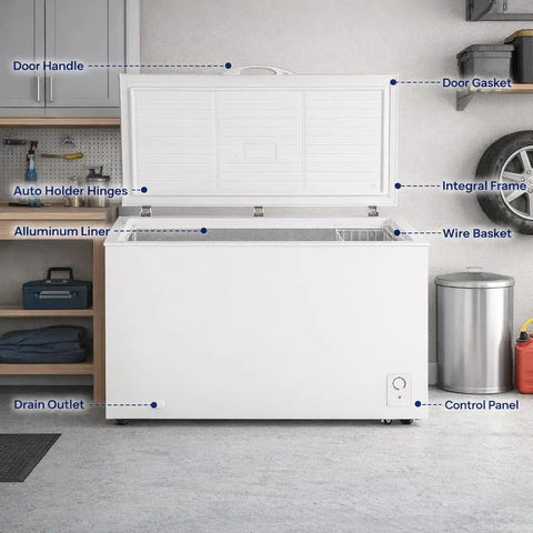 Roomy 14 Cubic Foot Top Load Chest Freezer With Drop Dead Cold features door handle and control panel in garage setting.