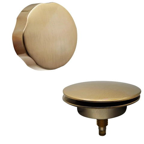 Top Shelf 35 Inch Cable Driven Bath Drain Trim Kit With Rotary Overflow Cover And Smooth Pop Up Stopper showing champagne bronze pop up stopper.