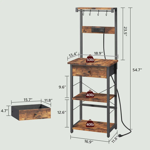 Dimensions of Rustic Brown And Black Bakers Rack With Drawer Microwave Stand Power Outlet And USB Ports Coffee Bar Station
