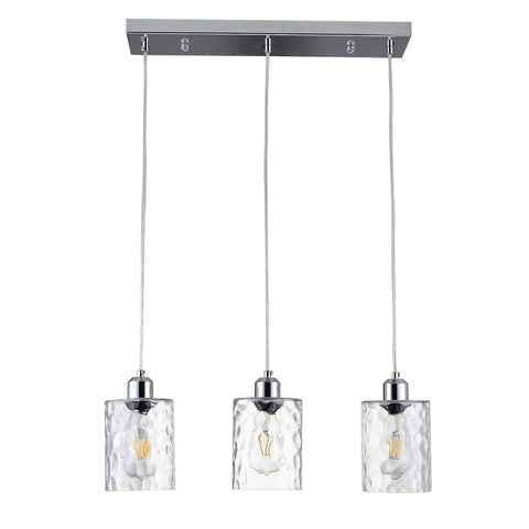 Three Light Clear Hammered Glass Pendant Lights for Modern Kitchen Island in Chrome Finish Hanging Light Fixture