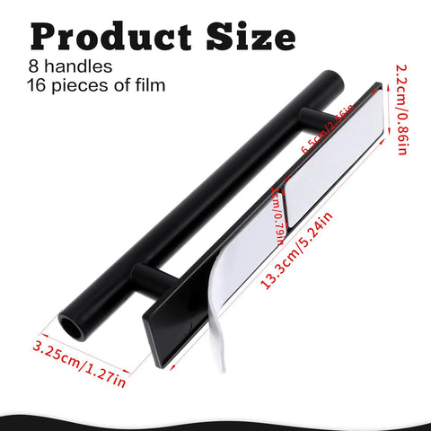 Image of 8 Pack Adhesive Cabinet Handles Self Stick Push Pull Helpers Black ABS Material, showing dimensions and white adhesive backing.