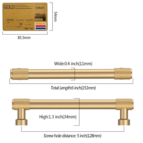 10 Pack 5 Inch Champagne Bronze Cabinet Pulls Knurled Handles with dimensions, showing screw hole distance of 5 inches and total length 6 inches