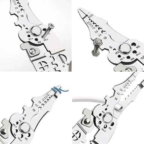 Pro Grade Heavy Duty Wire Stripper And Cutter Pliers For Electricians, detailed silver jaws with measurement markings.