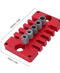3-In-1 Dowel Jig Drill Guide Block for Woodworking, aluminum alloy hole locator in red, side view showing drill bushings