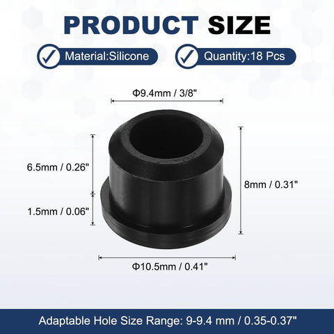 18-Piece T-Shaped Silicone Plugs For 9.3mm Holes Three Eighths Inch Diameter Snap In Round Rubber Seals with dimensions shown