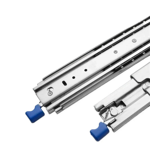 Heavy Duty Three Fold Full Extension Drawer Slides With Lock 120 Kilogram Capacity 60 Inch Cold Rolled Steel, close-up of locking mechanism with blue handles.