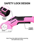 Total Game Changer Cordless Electric Box Cutter Rechargeable Power Scissors Dead Lightweight showing safety lock and power handle design in pink.