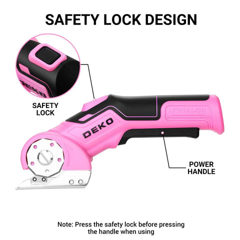 Total Game Changer Cordless Electric Box Cutter Rechargeable Power Scissors Dead Lightweight showing safety lock and power handle design in pink.
