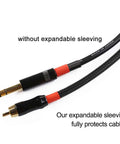 Comparative view of audio cable with and without Expandable PET Braided Cable Sleeve 1/4 Inch And 1/2 Inch, 25 Ft Each, 50 Ft Total, Black.
