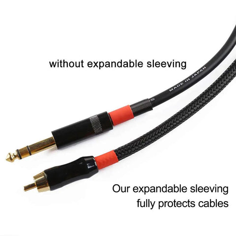 Comparative view of audio cable with and without Expandable PET Braided Cable Sleeve 1/4 Inch And 1/2 Inch, 25 Ft Each, 50 Ft Total, Black.