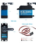 Beefy 35Kg Digital RC Servo with all metal gear coreless motor, waterproof for RC robots cars trucks, dimensions and wiring details shown.