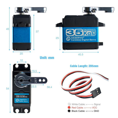 Beefy 35Kg Digital RC Servo with all metal gear coreless motor, waterproof for RC robots cars trucks, dimensions and wiring details shown.