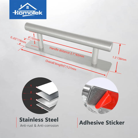 Diagram of Set Of Four Self Adhesive Sliding Closet Door Handles No Drill Brushed Stainless Steel Five Inch Stick On Cabinet Pulls.