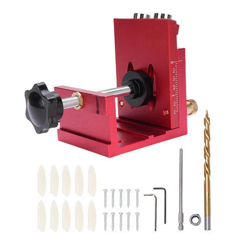 Pocket Hole Jig Kit Pro Grade With 3 In 1 Adjustable Drill Guides and components for woodworking on white background