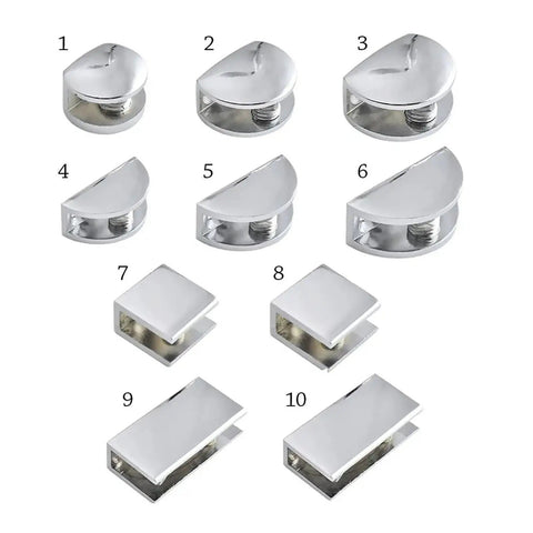 Set of 10 metallic frameless cabinet shelf clips in various shapes for glass shelves, non-slip grip, built tough, pro grade.