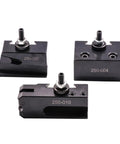 Quick Change Tool Post Set For Mini Lathe 6-9 Inch, Wedge Type, 250-004, 250-007, and 250-010 shown in steel finish