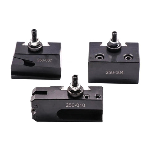 Quick Change Tool Post Set For Mini Lathe 6-9 Inch, Wedge Type, 250-004, 250-007, and 250-010 shown in steel finish