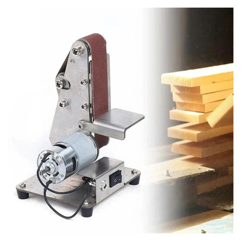 Compact Mini Electric Belt Sander And Polisher For Wood And Metal on a workbench, featuring a stainless steel build for DIY projects.