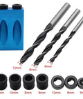 14 Piece Pocket Hole Jig Set With 15 Degree Dowel Drill Joinery Kit And 6 8 10mm Drive Adapters For Woodworking And Carpentry Aluminum And High Speed Steel Tool For Precise Angle Drilling And Strong Joints, featuring aluminum jig block and drill bits.