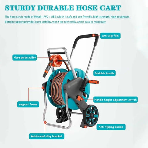 Mobile Garden Hose Reel With Smooth Rolling Wheels And Foldable Handle Heavy Duty Water Hose Cart For Backyard Irrigation Includes Forty Meter Pipe with hose guide pulley and reinforced alloy bracket.