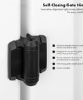 2 Pack Weatherproof Gate Hinges with Safe Spring Mechanism attached to a white gate corner, tension control tool visible.