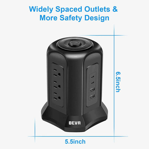 Power Strip Tower Surge Protector With Nine AC Outlets And Four USB Ports 900 Joules Long Ten Foot Flat Plug Extension Cord Desktop