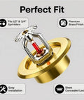 Top Shelf Fire Sprinkler Escutcheon Covers 3 4 Inch Removable Head Plates showing a brass sprinkler with red cap for easy installation.