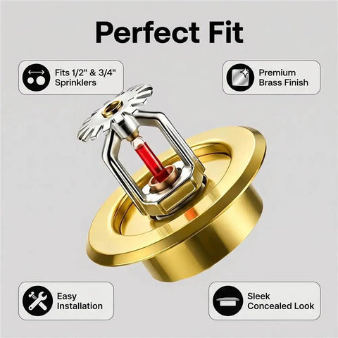 Top Shelf Fire Sprinkler Escutcheon Covers 3 4 Inch Removable Head Plates showing a brass sprinkler with red cap for easy installation.