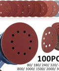 100 Pcs 5 Inch Hook And Loop Sanding Discs, heavy duty alumina paper, showing grits and pre-punched holes for dust-free sanding.