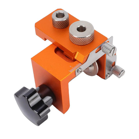 Heavy Duty Double Hole Drill Positioner Aluminum Alloy Woodworking Guide Jig With Wide Adjustable Clamp close-up image showing precise drill positioning features.
