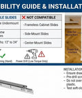Compatibility guide and installation tips for Slick Plastic Undermount Drawer Slide Front Locking Clip Pair with drawn instructions.