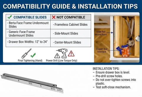 Compatibility guide and installation tips for Slick Plastic Undermount Drawer Slide Front Locking Clip Pair with drawn instructions.